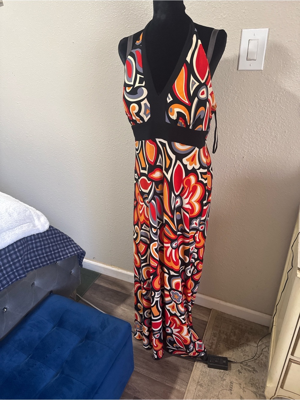 Enfocus Studio Black Halter Maxi Dress with Red & Orange Floral Print